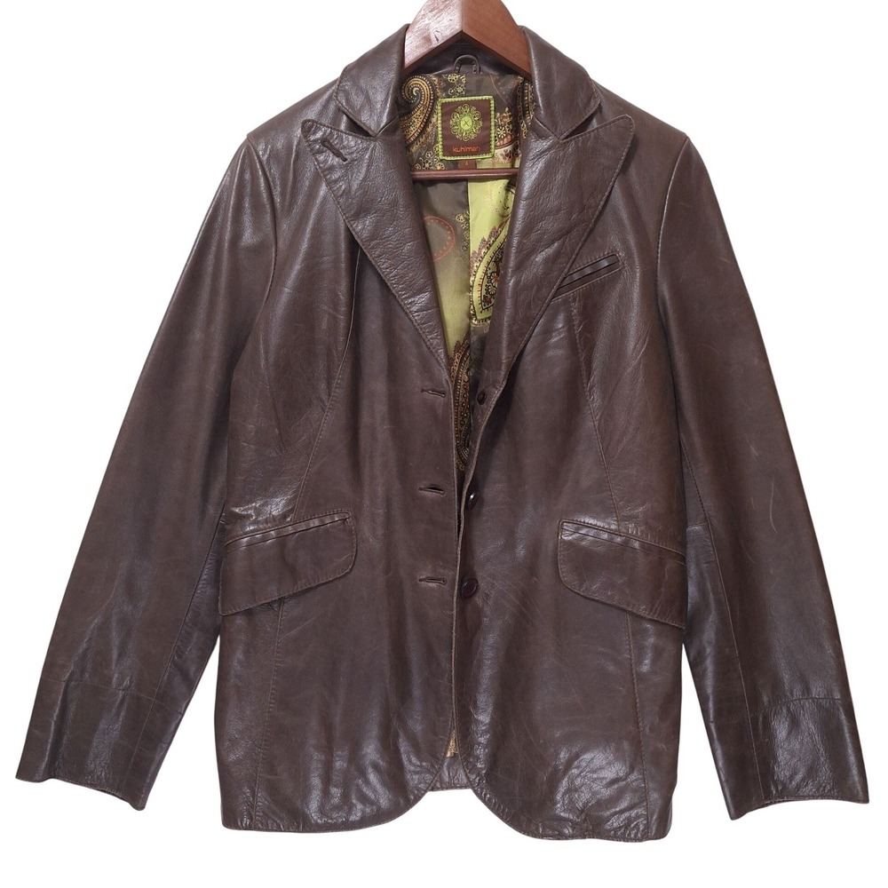 Kuhlman Womens Genuine Leather Blazer Jacket Paisley Lined  Sz 4 Brown Retro Y2K
